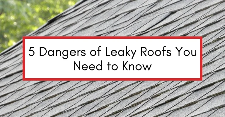 Close-up of a shingled roof with text overlay stating "5 Dangers of Leaky Roofs You Need to Know"