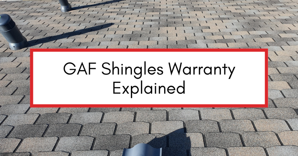 GAF roofing shingles installed on a house with a warranty certificate overlay — representing coverage details of GAF’s roofing warranty.