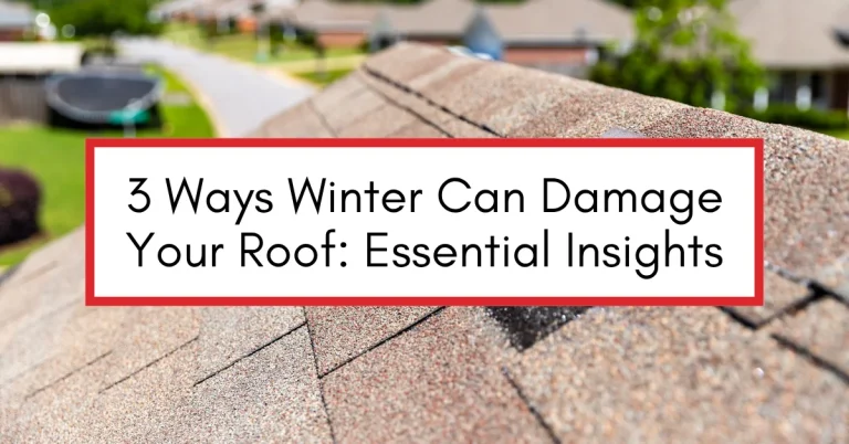 Close-up of a residential roof with shingles, featuring a text overlay: "3 Ways Winter Can Damage Your Roof: Essential Insights"