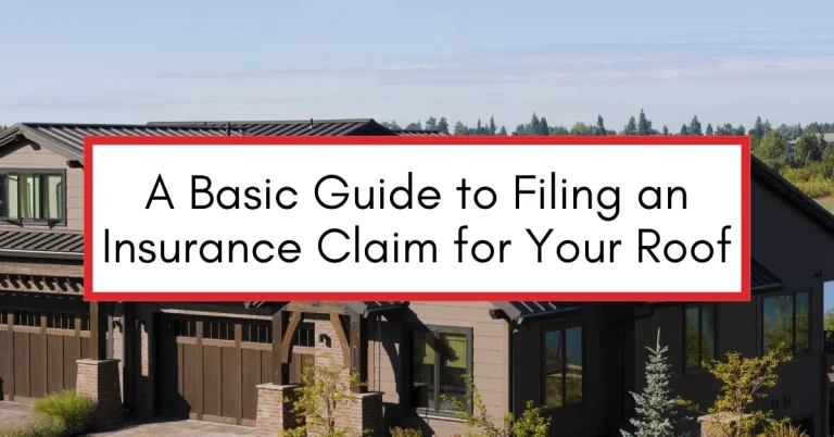 A modern home with a metal roof, overlaid with text reading "A Basic Guide to Filing an Insurance Claim for Your Roof," emphasizing roof insurance and roof damage claims.
