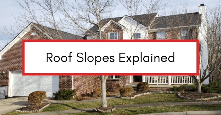 Residential home in the background with text overlay reading "Roof Slope Explained."