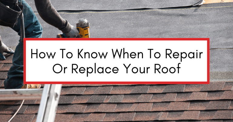 A roofer on a ladder making a roof repair on a shingle roof. Text overlay reads "How to Know When to Repair or Replace Your Roof."