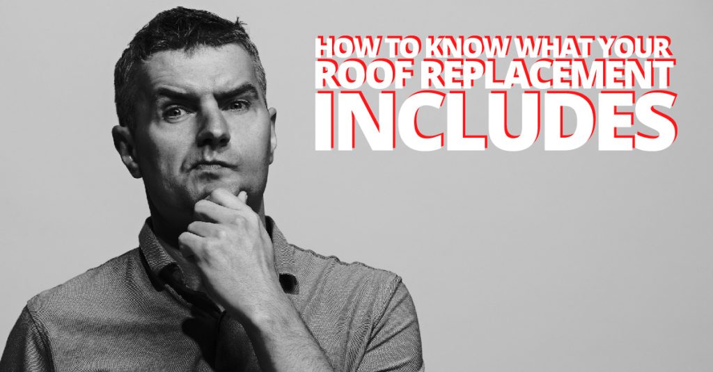 Black and white image of a man deep in thought with white and red text that reads "How To Know What Your Roof Replacement Includes."