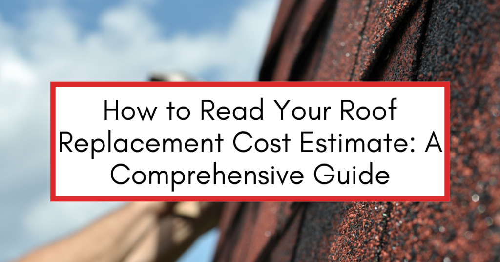 Roof replacement cost estimate document with highlighted line items, next to a contractor reviewing the estimate with a homeowner.