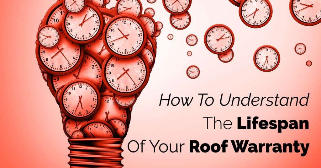 Red background with a lightbulb filled with mini clocks and red text that reads "How To Understand The Lifespan Of Your Roof Warranty."