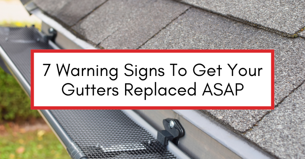 Close-up of damaged gutter pulling away from the roofline with rust, cracks, and overflowing water — illustrating signs that gutters need immediate replacement.