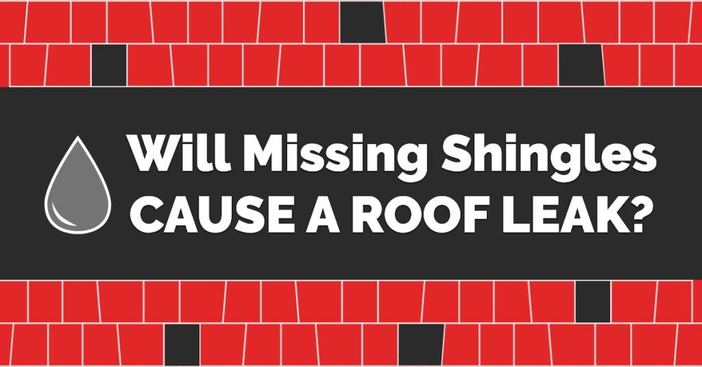 Close-up image of red and black asphalt shingles. Overlay text reads “Will Missing Shingles Cause a Roof Leak?”