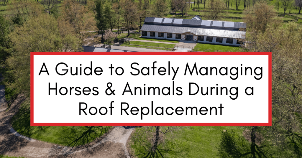 Aerial image of a large barn with text overlay that reads: "A Guide to Safely Managing Horses and Animals During a Roof Replacement."