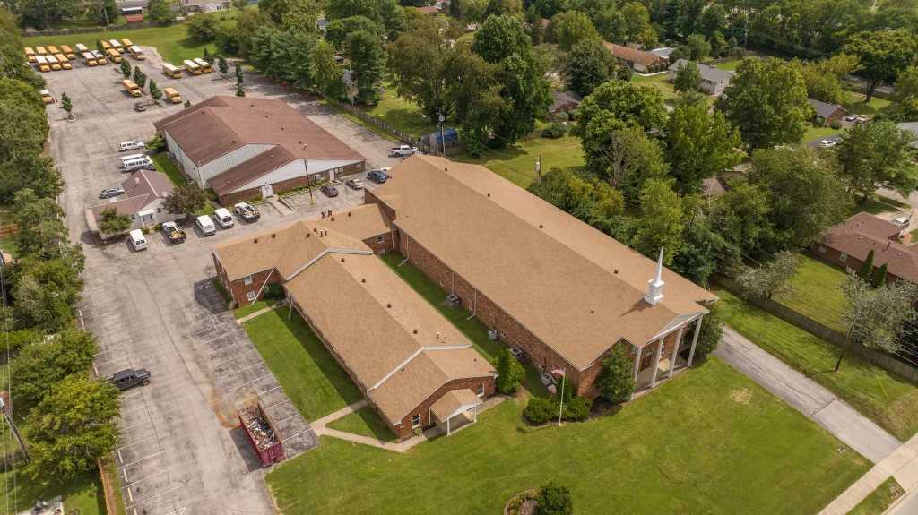 Aerial View of a Church Roof Replacement – Professional Roofing Services