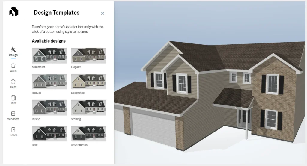 Design templates showcasing various siding styles for a home exterior, emphasizing siding replacement and customization options.