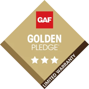 GAF Golden Pledge Limited Warranty logo highlighting premium roofing warranties.