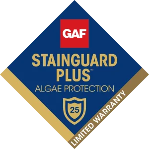 GAF StainGuard Plus Limited Warranty logo for 25 years of algae protection on roofing systems.