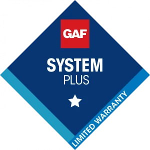 GAF System Plus Limited Warranty logo for roofing systems.