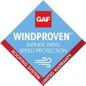 GAF WindProven roofing warranty logo ensuring protection against wind damage.