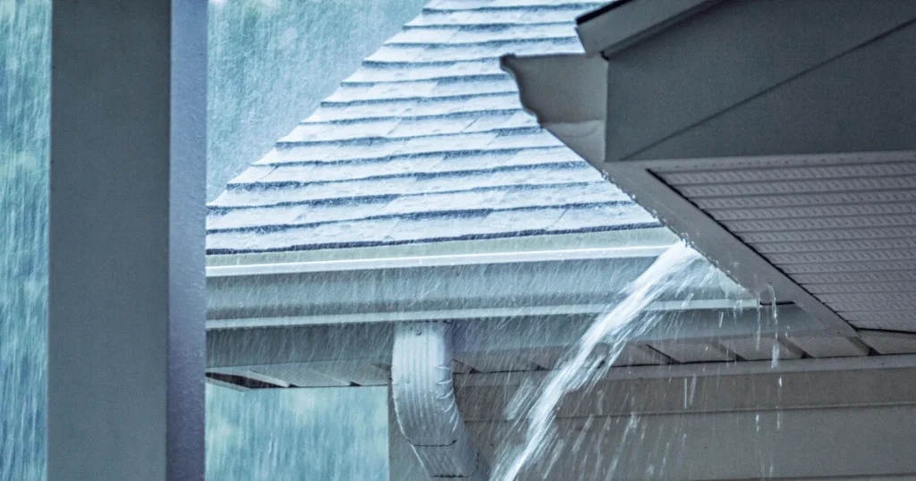 Heavy rain pouring off a roof due to clogged or damaged gutters, causing water to overflow.