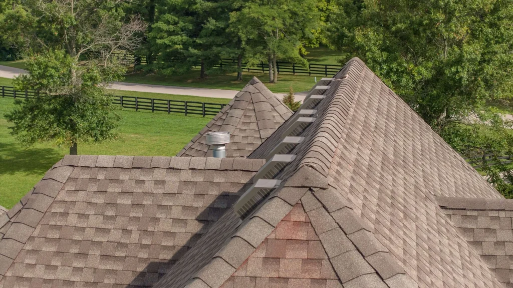 Close-up view of a residential roof featuring ridge vents, showcasing areas commonly requiring roof repair or maintenance.