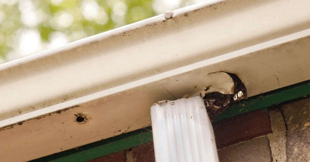 Close-up view of a damaged and rusted gutter with signs of wear near the downspout connection.