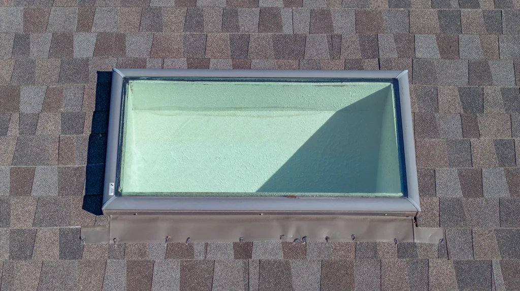 Example of skylight repair Close-up of a skylight on a shingle roof showing signs of potential leaking issues, taken in Lexington KY.