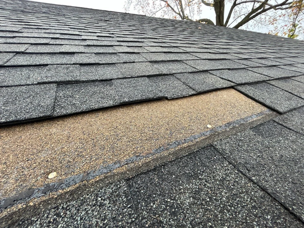 example of missing shingles Close-up of a commercial roof in Lexington KY showing missing shingles and exposed underlayment.