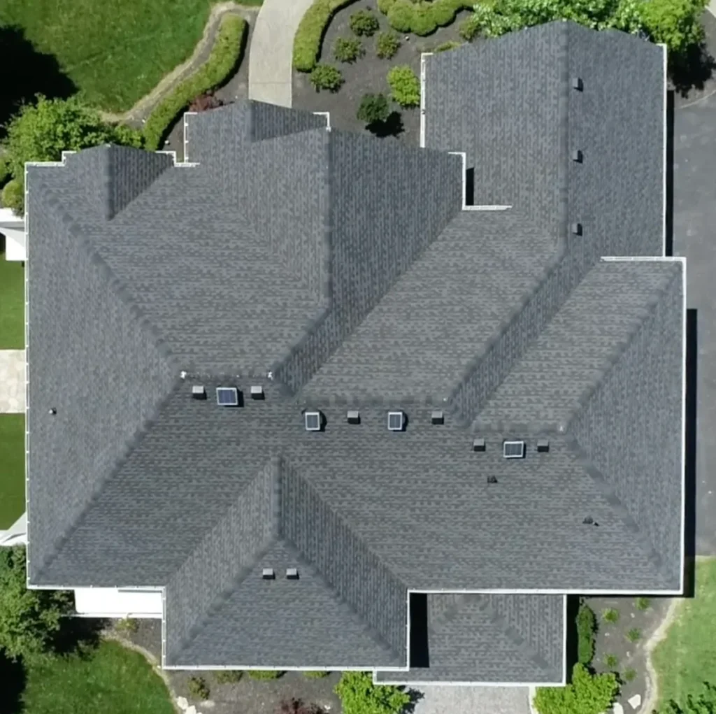 Aerial view of a completed quality roof replacement in Lexington, KY by AIC Roofing & Construction.