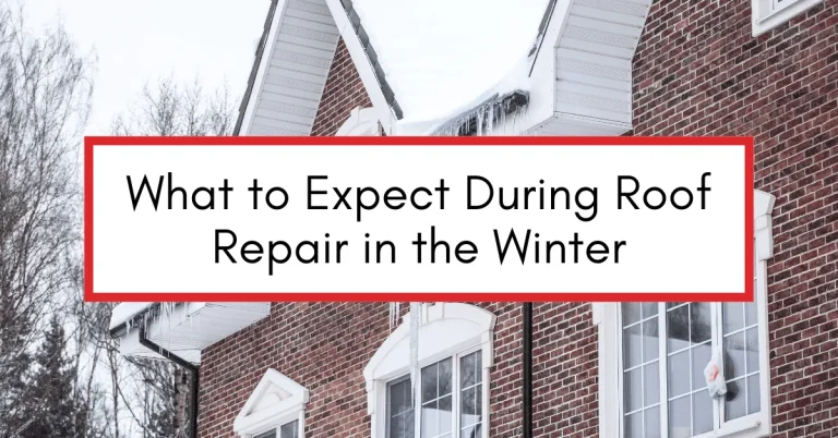 A brick home with icicles hanging from the roof, representing the challenges of winter roof repair. Text overlay reads “What to Expect During Roof Repair in the Winter.”