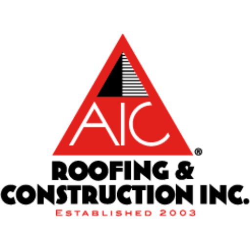 A red triangle logo with AIC in the middle, followed by black text that says AIC Roofing & Construction Inc. Established 2003.