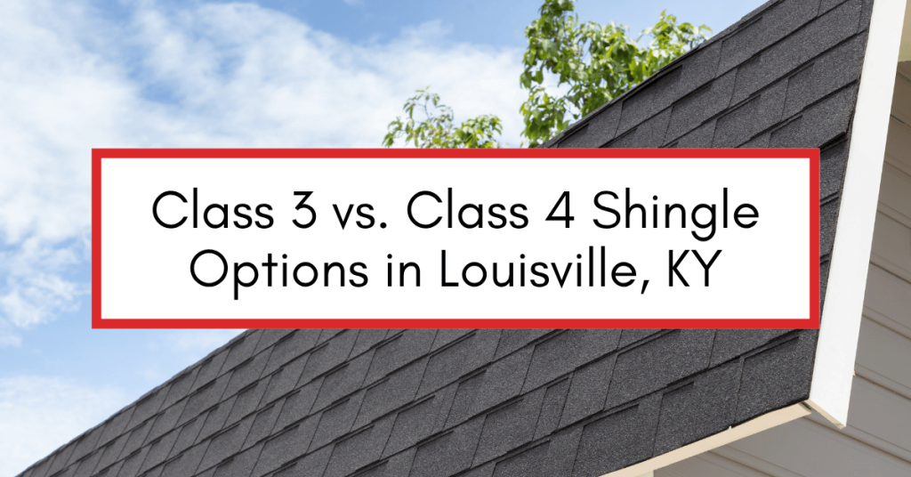 Close-up of dark gray roof shingles with a red-bordered label highlighting Class 3 vs Class 4 shingle options in Louisville, KY.