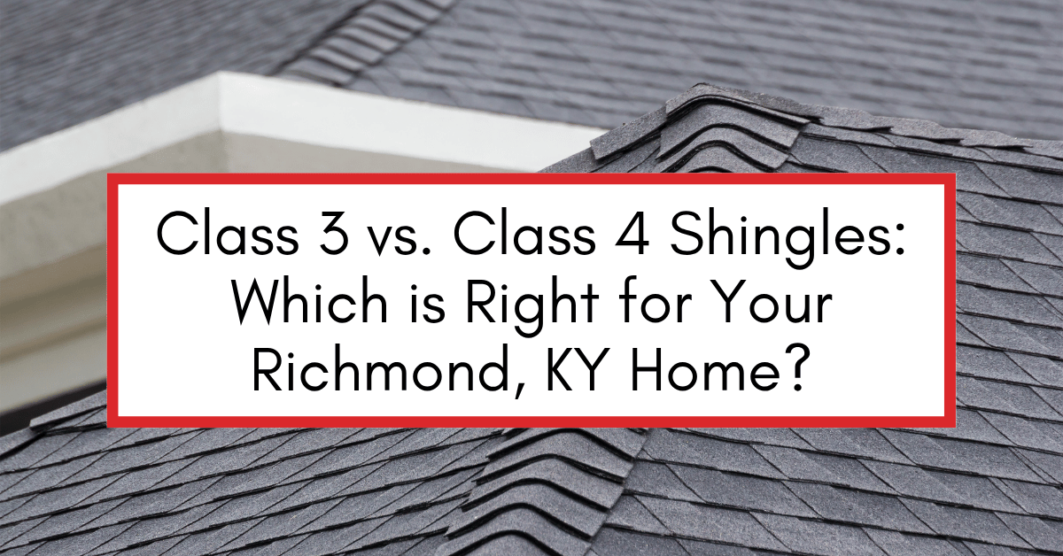Aerial view of a home’s roof in Richmond, KY, with AIC Roofing & Construction branding and text comparing Class 3 vs Class 4 shingles.