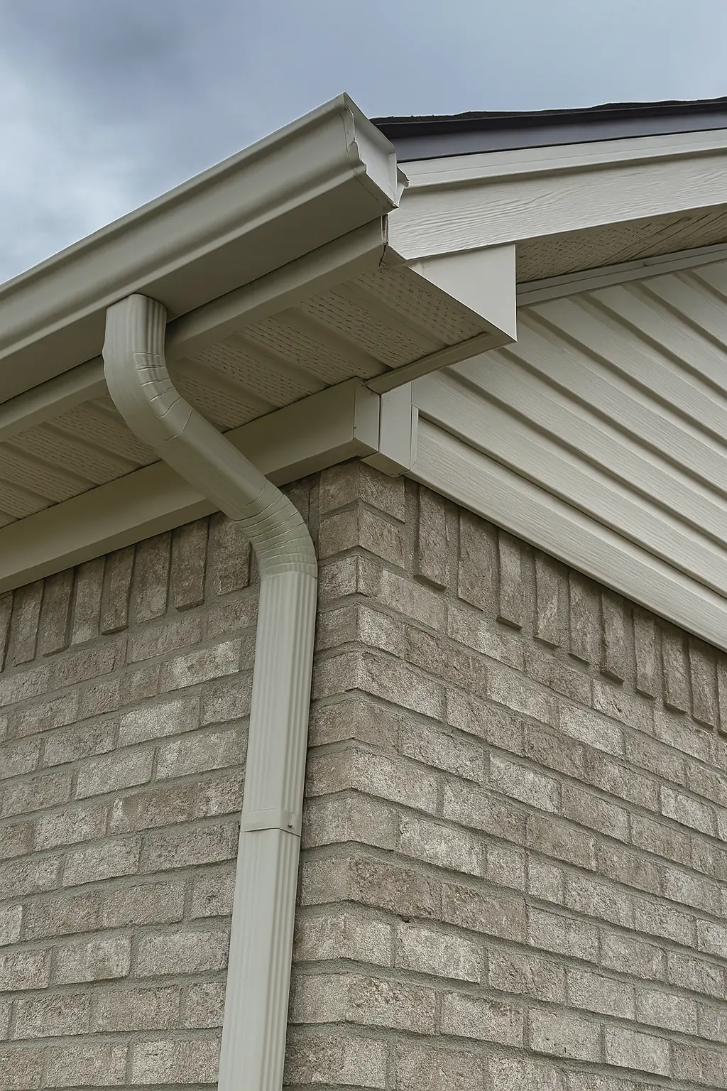 Close-up of a new gutter and downspout installation on a brick home in Kentucky, completed by AIC.