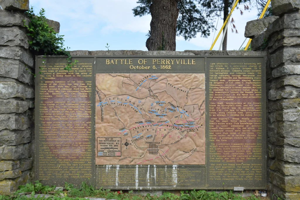 Interpretive sign at Perryville Battlefield displaying a map and detailed account of the Battle of Perryville fought on October 8, 1862.