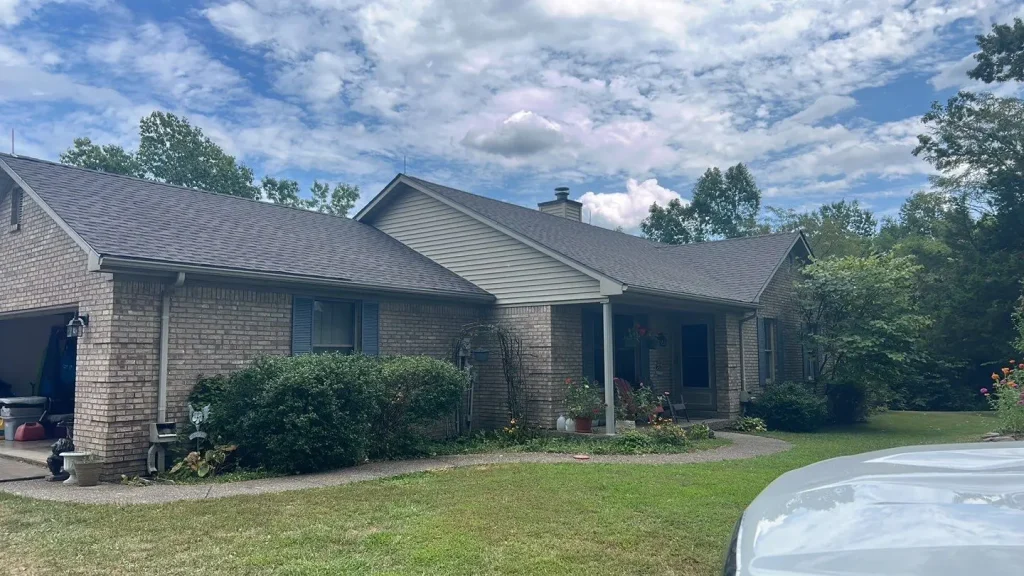 New roof replacement on a single-story brick home in Mount Eden, KY, completed by AIC Roofing.