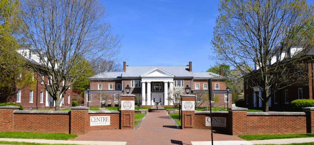 Historic Centre College campus entrance in Danville KY with red brick buildings and white columns.