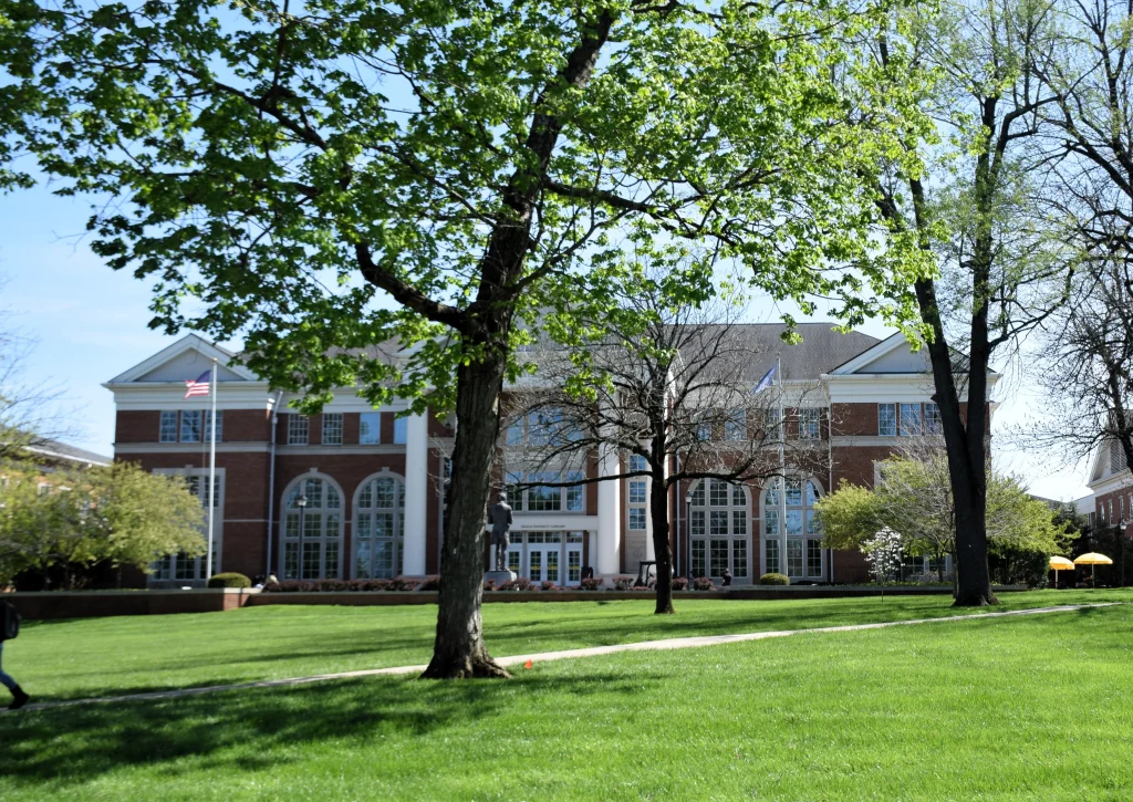 Centre College red brick academic building on a sunny spring day in Danville KY.