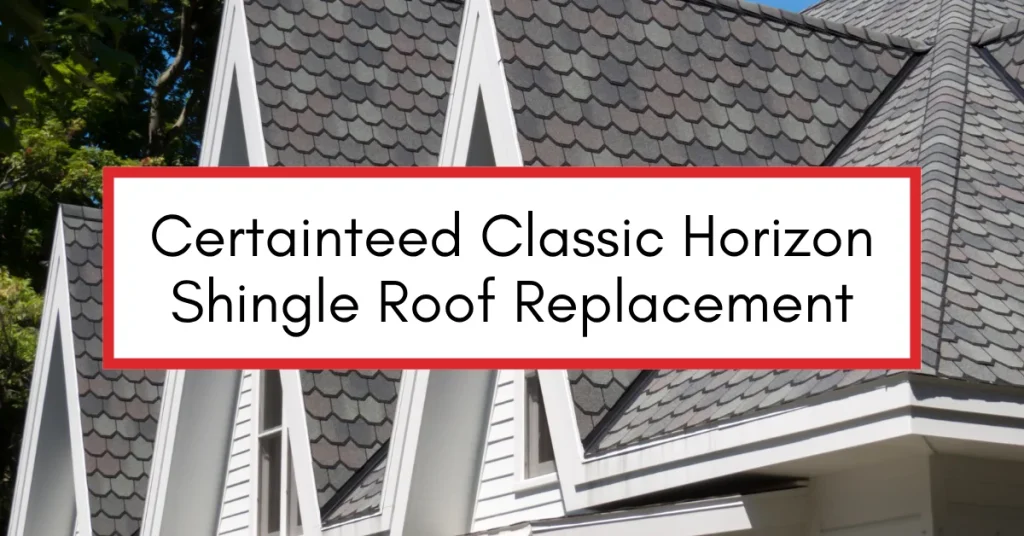 Close-up of a roof featuring CertainTeed Classic Horizon shingles after a full roof replacement on a white home with steep gables.