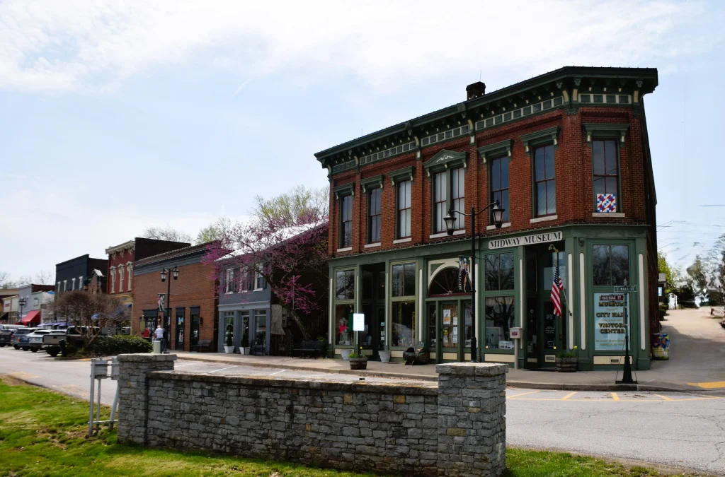 View of Midway Museum and historic buildings along Main Street in downtown Midway, KY
