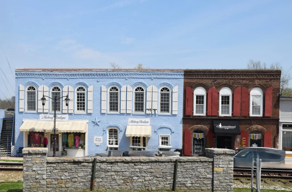 Brightly painted boutique buildings in downtown Midway, Kentucky