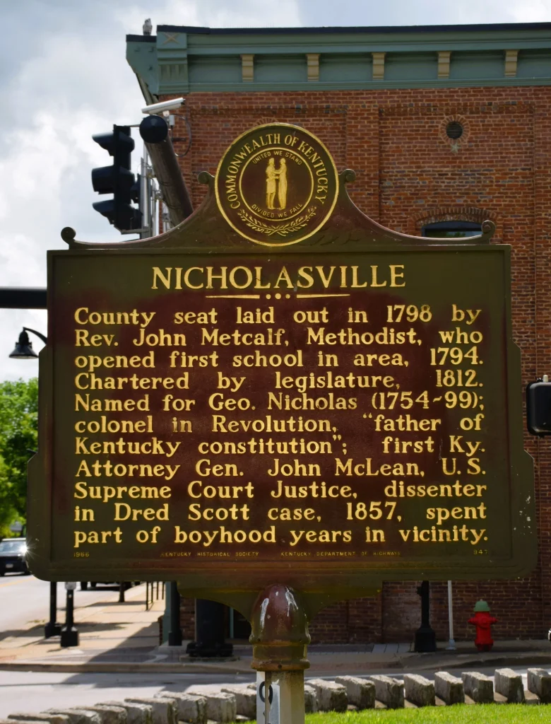 Historical marker sign describing the founding of Nicholasville, KY