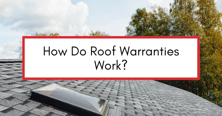 Close-up of a shingle roof with a skylight under a partly cloudy sky, featuring text overlay “How Do Roof Warranties Work?”