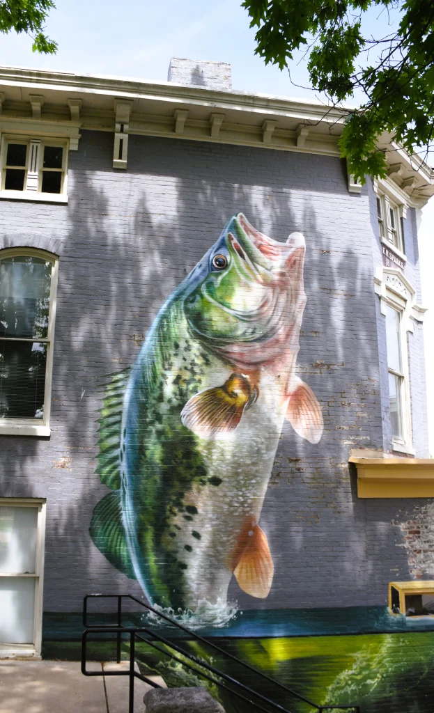 Realistic mural of a largemouth bass on a building in Nicholasville