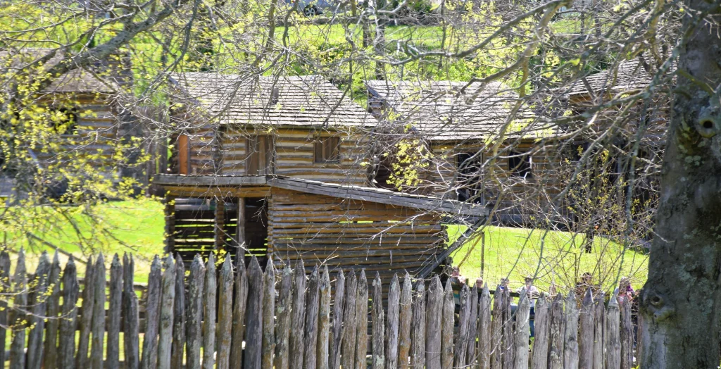 Historic log cabins within the Old Fort Harrod State Park in Harrodsburg