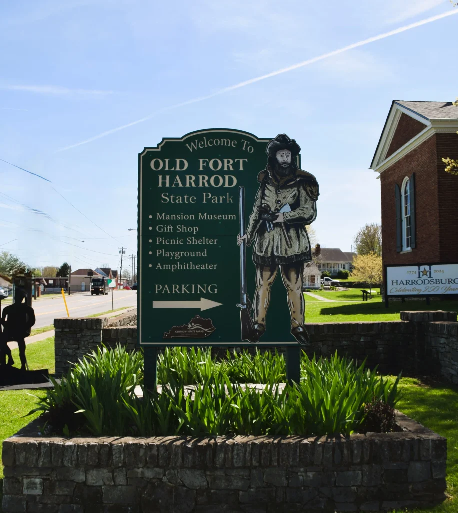 Welcome sign for Old Fort Harrod State Park in Harrodsburg, KY