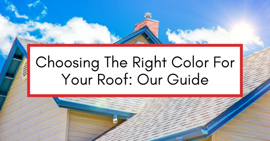 A light tan house with a bright blue metal roof and trim, set against a sunny blue sky with clouds, highlighting the importance of roof color selection.