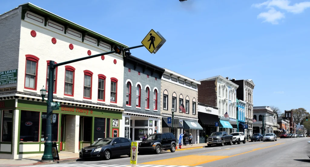 Shops and storefronts along historic Main Street in Georgetown, KY.