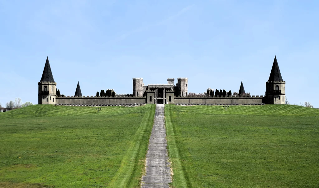 Iconic Kentucky Castle on a hill in Versailles with four turrets and stone walls