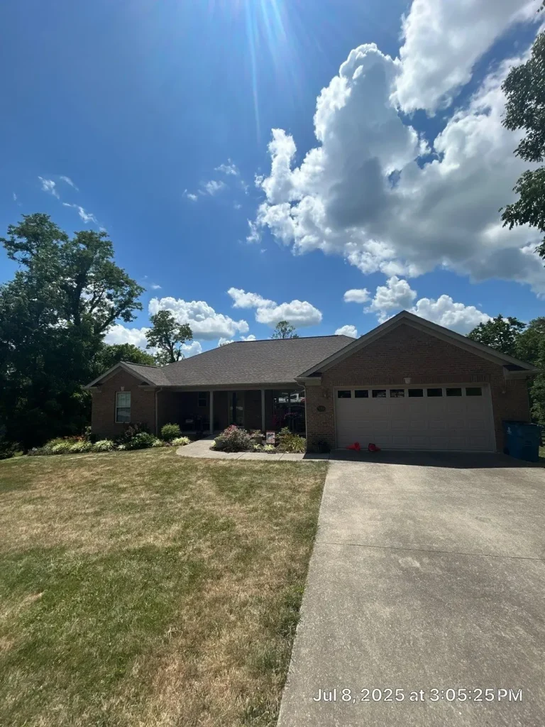 New roof replacement on a single-story brick home in Richmond, KY completed by AIC Roofing & Construction