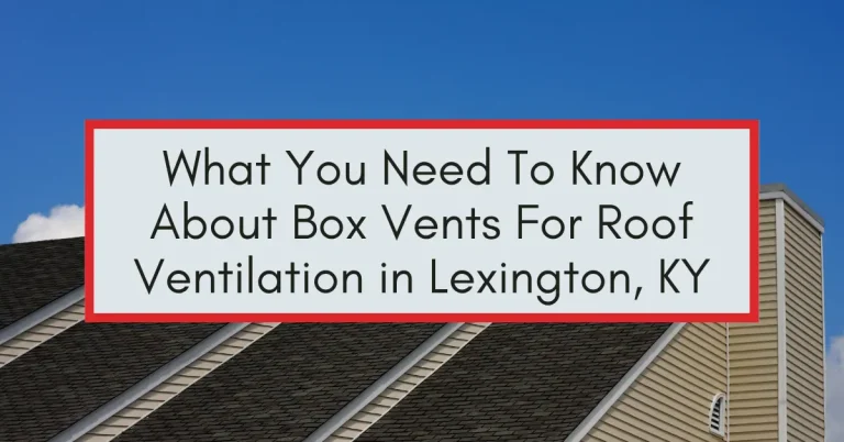 Residential roof with dark shingles and a blue sky background, featuring a text overlay about box vents in Lexington, KY