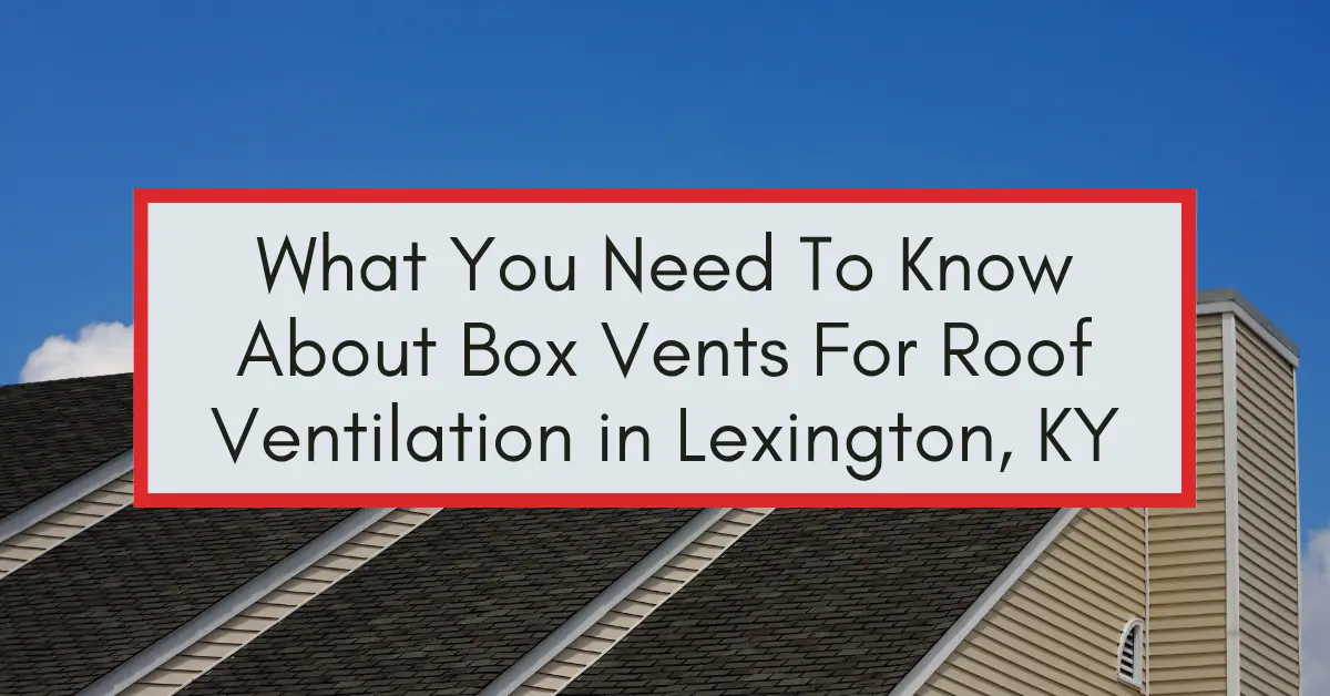 Residential roof with dark shingles and a blue sky background, featuring a text overlay about box vents in Lexington, KY