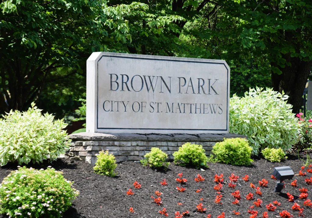 Brown Park entrance sign in St. Matthews near neighborhoods receiving roofing contractor services