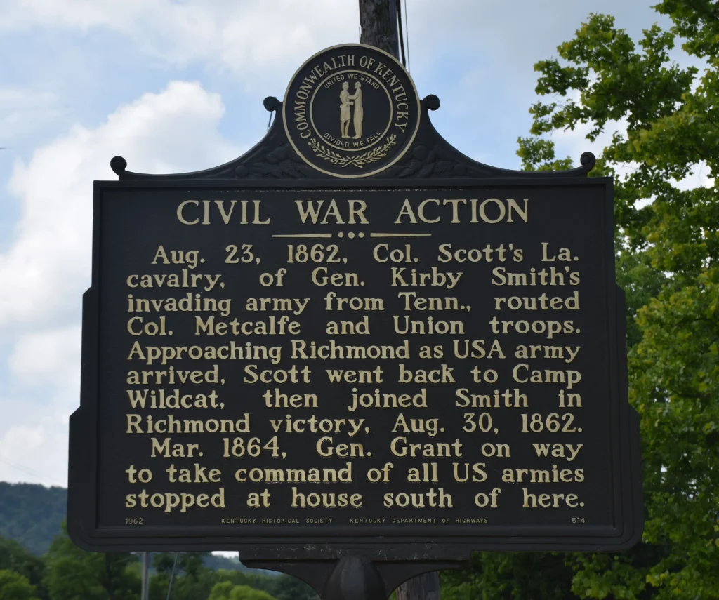 Historical marker in Bighill, KY describing Civil War action, with a roofing focus in the region.