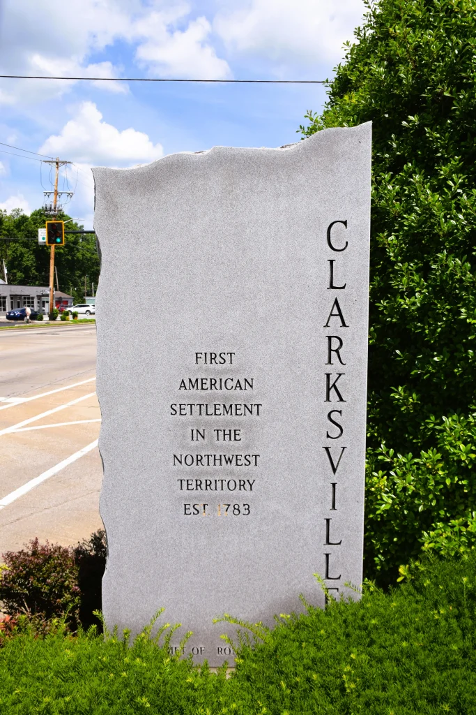 Monument marking Clarksville, Indiana as the first American settlement in the Northwest Territory